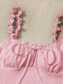SHEIN MOD Frill Trim Strap Knot Front Ruched Bust Eyelet Dress - Baby Pink - View 4