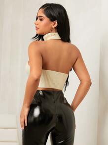 SHEIN SXY Asymmetrical Hem Backless Halter Knit Top - Beige - View 2