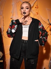 SHEIN Unity Áo nỉ cỡ lớn in hình đầu lâu và hoa, có khóa kéo và dây rút. - màu đen - Xem 3