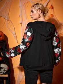 SHEIN Unity Áo nỉ cỡ lớn in hình đầu lâu và hoa, có khóa kéo và dây rút. - màu đen - Xem 4