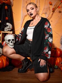 SHEIN Unity Áo nỉ cỡ lớn in hình đầu lâu và hoa, có khóa kéo và dây rút. - màu đen - Xem 1