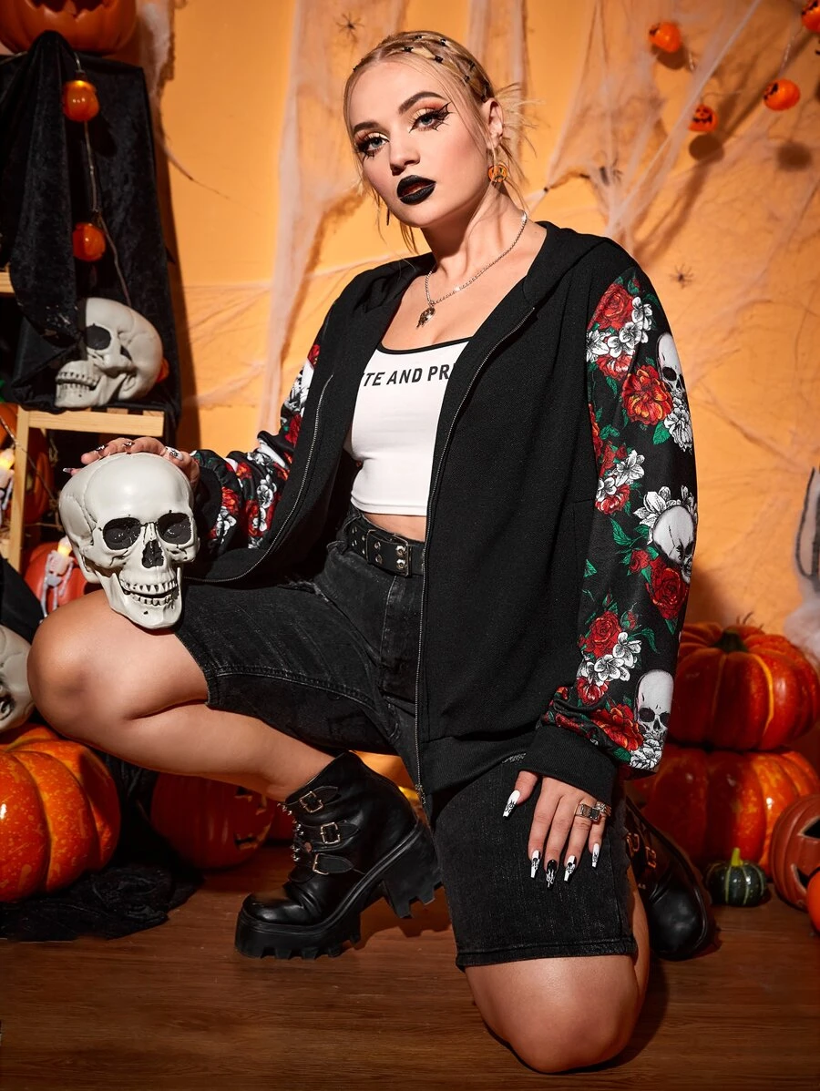 SHEIN Unity Áo nỉ cỡ lớn in hình đầu lâu và hoa, có khóa kéo và dây rút. - màu đen - Xem 1