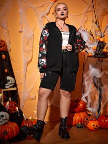 SHEIN Unity Áo nỉ cỡ lớn in hình đầu lâu và hoa, có khóa kéo và dây rút. - màu đen - Xem 5