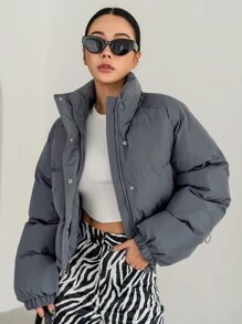 DAZY Drawstring Hem Raglan Sleeve Puffer Pockets Coat ,Winter Women Clothes,Winter Coat Women - Grey - View 6