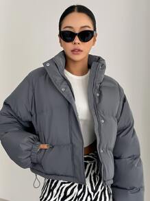 DAZY Drawstring Hem Raglan Sleeve Puffer Pockets Coat ,Winter Women Clothes,Winter Coat Women - Grey - View 3