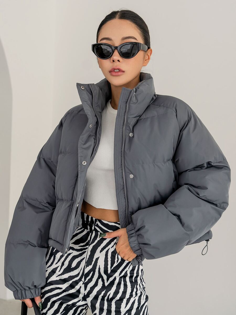 DAZY Drawstring Hem Raglan Sleeve Puffer Pockets Coat ,Winter Women Clothes,Winter Coat Women - Grey - View 1
