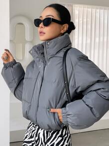 DAZY Drawstring Hem Raglan Sleeve Puffer Pockets Coat ,Winter Women Clothes,Winter Coat Women - Grey - View 7