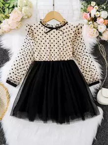 Toddler Girls Polka Dot Print Ruffle Trim Mesh Hem Dress - Multicolor - View 1