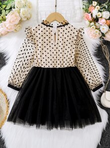 Toddler Girls Polka Dot Print Ruffle Trim Mesh Hem Dress - Multicolor - View 2
