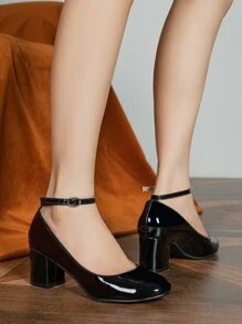 Point Toe Chunky Heeled Ankle Strap Pumps - Black - View 2