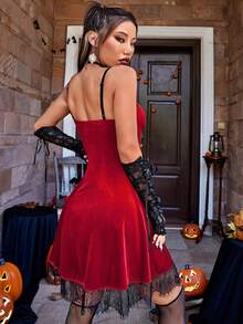 1pc Contrast Lace Velvet Cami Dress - Burgundy - View 2