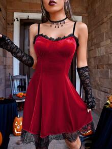 1pc Contrast Lace Velvet Cami Dress - Burgundy - View 4