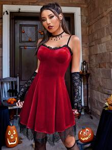 1pc Contrast Lace Velvet Cami Dress - Burgundy - View 5