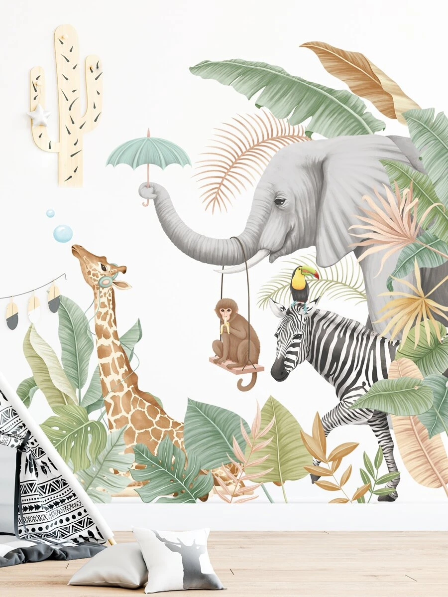 1pc Elephant Giraffe Wall Decal Rainforest Tree Wallpaper For Background Wall, Stickers, Wall Decal, Vinyl Decal For Home Decorations, Spring Decoration Items Refresh Your Home, Rama Decoration Stickers - Multicolor - View 1