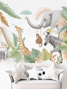 1pc Elephant Giraffe Wall Decal Rainforest Tree Wallpaper For Background Wall, Stickers, Wall Decal, Vinyl Decal For Home Decorations, Spring Decoration Items Refresh Your Home, Rama Decoration Stickers - Multicolor - View 4