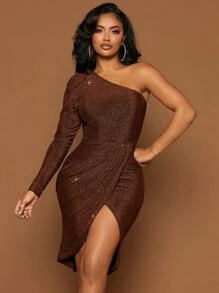 SHEIN SXY 單肩羊腿袖圍裹亮片洋裝 - 巧克力棕 - 查看 4