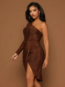 SHEIN SXY 單肩羊腿袖圍裹亮片洋裝 - 巧克力棕 - 查看 5