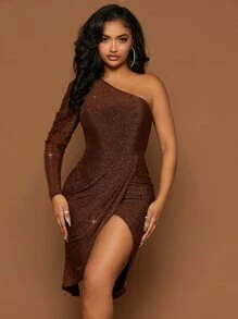 SHEIN SXY 單肩羊腿袖圍裹亮片洋裝 - 巧克力棕 - 查看 2