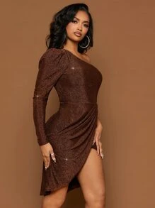 SHEIN SXY 單肩羊腿袖圍裹亮片洋裝 - 巧克力棕 - 查看 6
