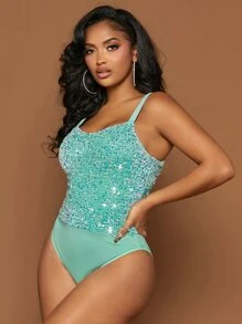 SHEIN SXY Contrast Sequin Cami Bodysuit - Mint Green - View 2
