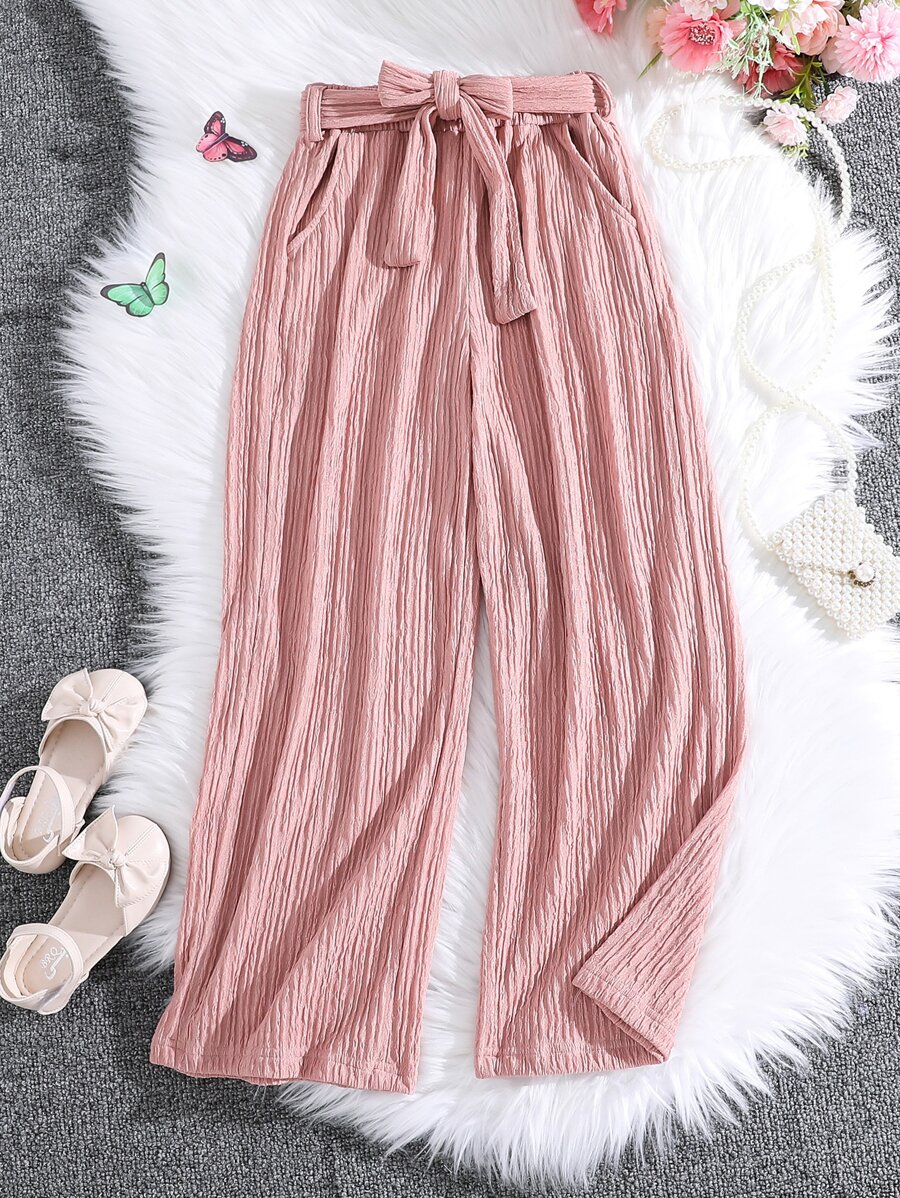 Girls Solid Plisse Belted Wide Leg Trousers - Dusty Pink - View 1