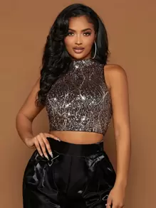 SHEIN SXY 高领亮片背心 - 銅色 - 查看 2