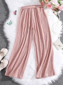 Girls Solid Plisse Belted Wide Leg Trousers - Dusty Pink - View 2