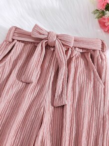Girls Solid Plisse Belted Wide Leg Trousers - Dusty Pink - View 3