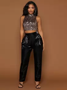 SHEIN SXY 高领亮片背心 - 銅色 - 查看 4