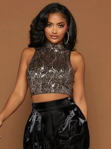 SHEIN SXY 高领亮片背心 - 銅色 - 查看 5