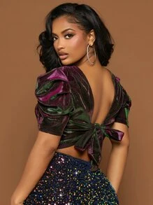 SHEIN SXY 後背繫帶泡泡袖短款金屬質感襯衫 - 紫色 - 查看 1