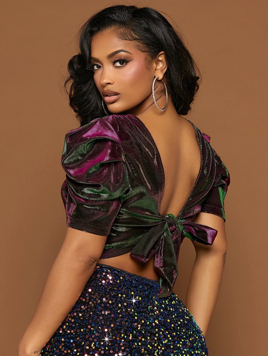 SHEIN SXY 後背繫帶泡泡袖短款金屬質感襯衫 - 紫色 - 查看 1