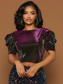 SHEIN SXY 後背繫帶泡泡袖短款金屬質感襯衫 - 紫色 - 查看 2