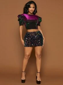 SHEIN SXY 後背繫帶泡泡袖短款金屬質感襯衫 - 紫色 - 查看 4
