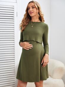 SHEIN Maternity Solid Nursing Tee Dress - Army Green - View 3