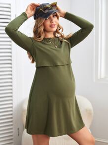 SHEIN Maternity Solid Nursing Tee Dress - Army Green - View 4