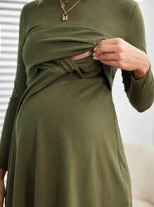 SHEIN Maternity Solid Nursing Tee Dress - Army Green - View 5