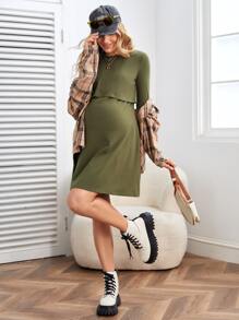 SHEIN Maternity Solid Nursing Tee Dress - Army Green - View 6