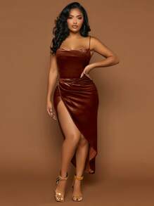 SHEIN SXY Đầm Lộ Lưng Ren lên Tách cao màu trơn Gợi cảm - Rỉ Nâu - Xem 3