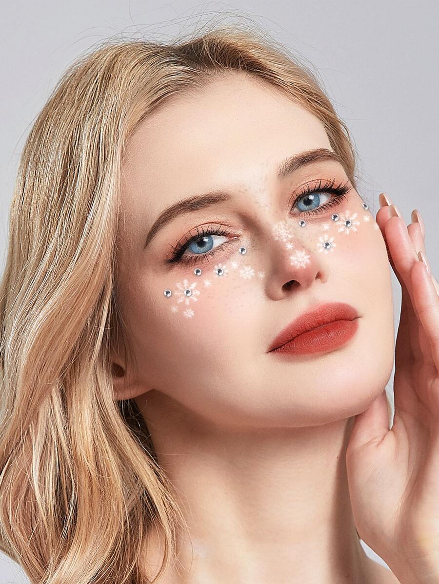 2 feuilles Sticker de tatouages à strass fleuri - Blanc - Voir 1