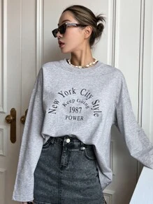 DAZY 標語圖形短袖衫(下垂肩款) - 灰色 - 查看 1