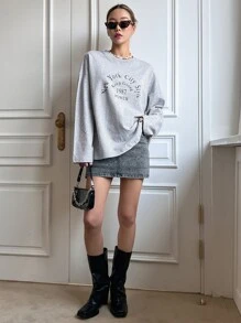 DAZY 標語圖形短袖衫(下垂肩款) - 灰色 - 查看 3