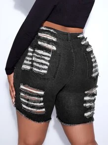 SHEIN SXY Plus Ladder Distressed Raw Hem Denim Shorts - Dark Grey - View 1