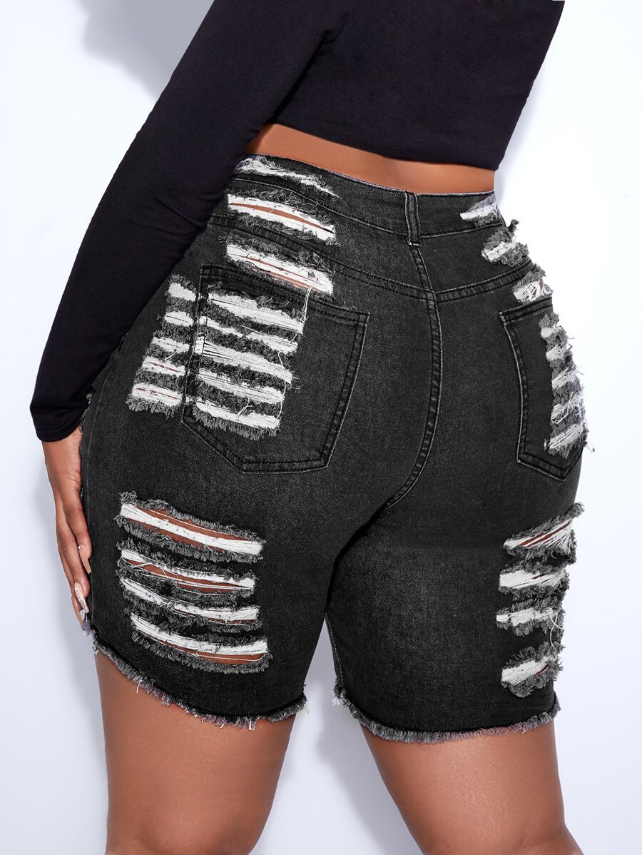 SHEIN SXY Plus Ladder Distressed Raw Hem Denim Shorts - Dark Grey - View 1