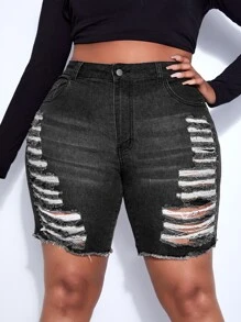 SHEIN SXY Plus Ladder Distressed Raw Hem Denim Shorts - Dark Grey - View 2