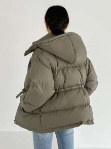 DAZY Drawstring Waist Drop Shoulder Hooded Padded Coat - Army Green - View 2