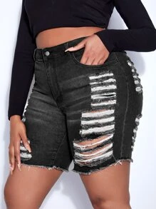 SHEIN SXY Plus Ladder Distressed Raw Hem Denim Shorts - Dark Grey - View 4