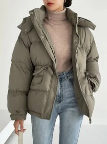 DAZY Drawstring Waist Drop Shoulder Hooded Padded Coat - Army Green - View 3