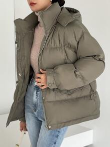 DAZY Drawstring Waist Drop Shoulder Hooded Padded Coat - Army Green - View 6