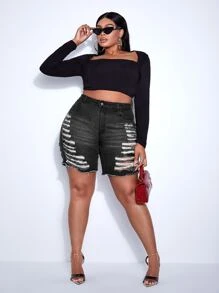 SHEIN SXY Plus Ladder Distressed Raw Hem Denim Shorts - Dark Grey - View 5